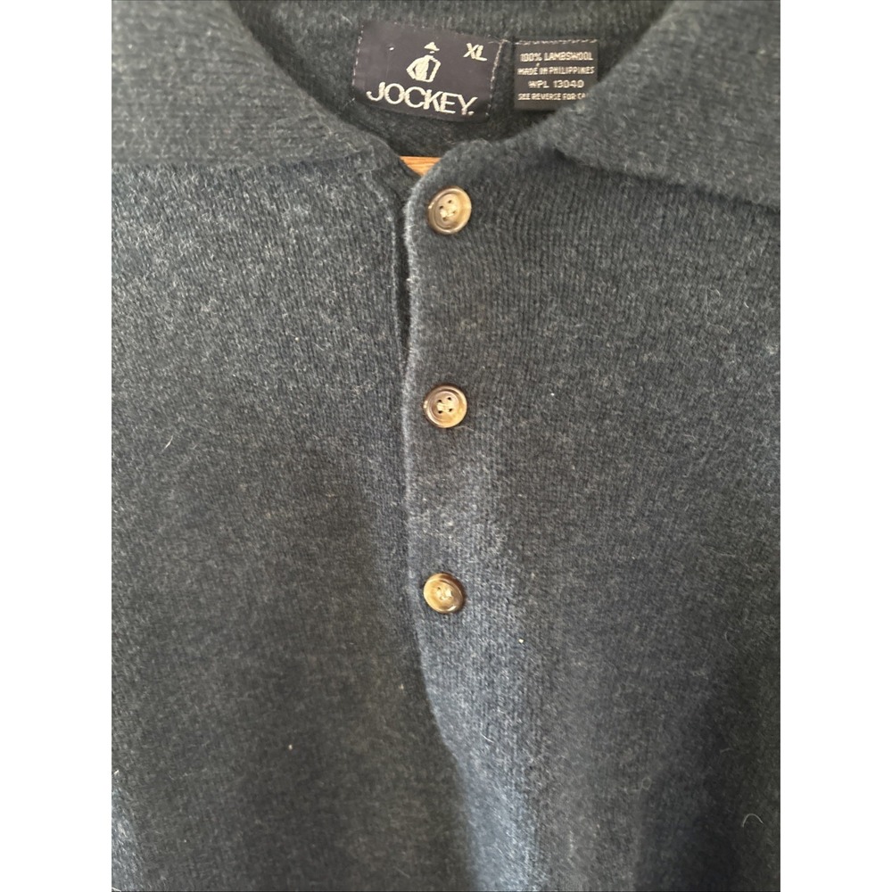 Vintage Jockey Mens XL Blue 100% Lambswool Button Collar Pullover Sweater - Picture 2 of 8